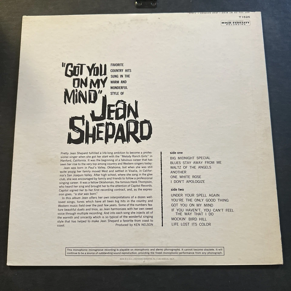 Jean Shepard – Got You On My Mind LP Vinyl Capitol Records T 1525 Mono 1961 Foto 2 de 4