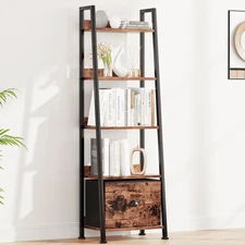 5-Tier Ladder Bookshelf with Drawer Leaning Bookcase Storage Display Shelf