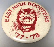 1970s East High Booster Sports Red Devil Horned Monster Horns Button Pin Pinback