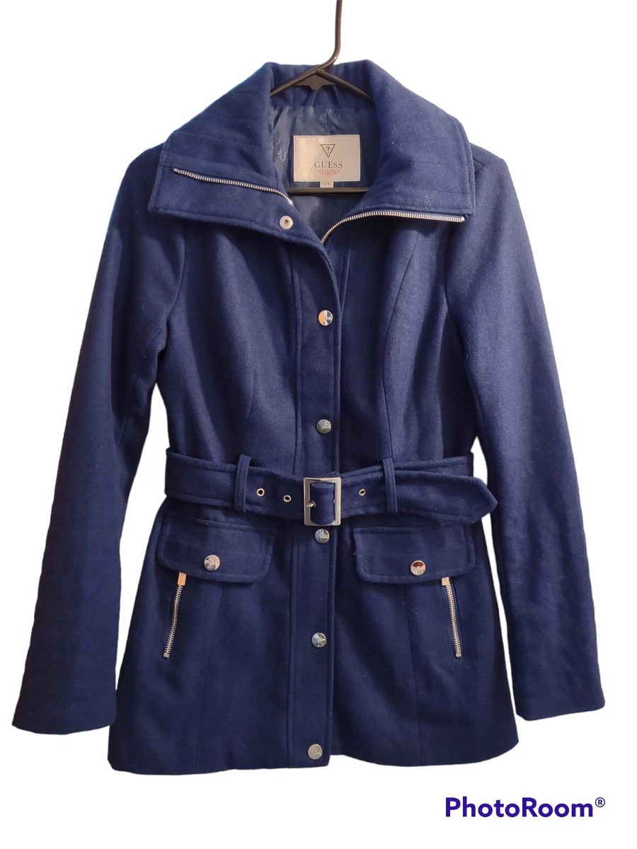 Guess Womens Pea Coat Wool Blend Belted W Silver Hardware. Size XS