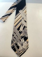 Leonard Paris Necktie Tie Silk Italy Vibrant Black beige Floral