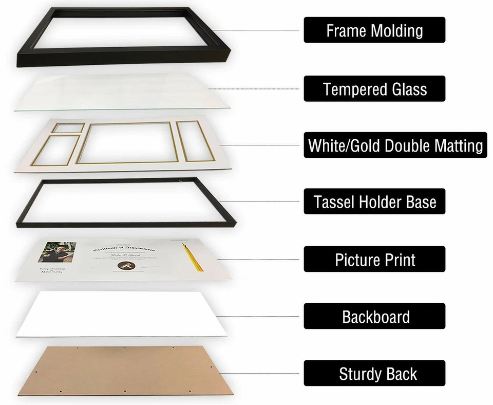 Marco de caja de sombra borla diploma 11x22 para certificado de 8,5x11 y foto de 4x6, negro Foto 4 de 4