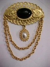 Vintage Victorian Style Golden Filigree Chatelaine Brooch Black White Faux Pearl