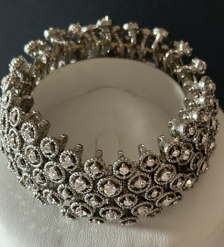 Vtg 5 Row Sparkling Clear Rhinestones Silver Tone 70’s Couture Stretch Bracelet - Picture 4 of 12