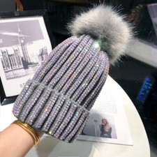 Mujeres Sombrero Tejido Estrás Pompón Bola Térmico Forrado de Vellón Gorro Gorro Cálido Brillante