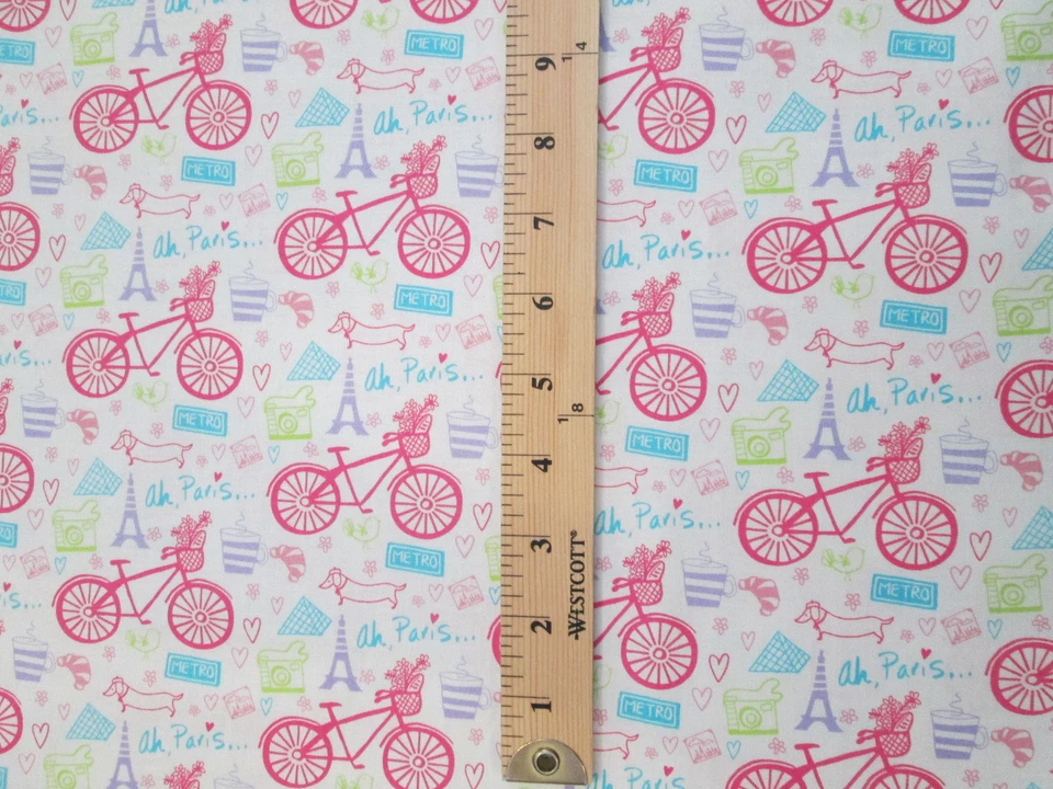 PARIS BICYCLE FLOWERS EIFFEL TOWER LANDMARKS PINK COTTON FABRIC BTHY - Image 4 of 4