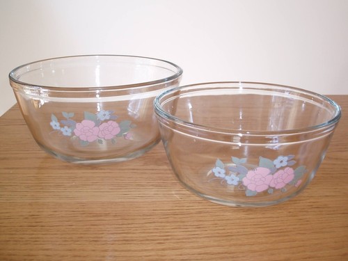 2 Pfaltzgraff Tea Rose Anchor Hocking Glass Nesting Mixing Bowls Made in USA