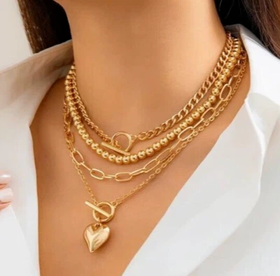 Collana Zara placcata oro 18 carati grossa 4 strati ciondolo cuore & dettagli barra a T vendita