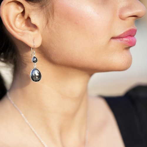 29.31 CT Pear Black Diamond Silver Dangle Earring, Lab Grown Moissanite Earring