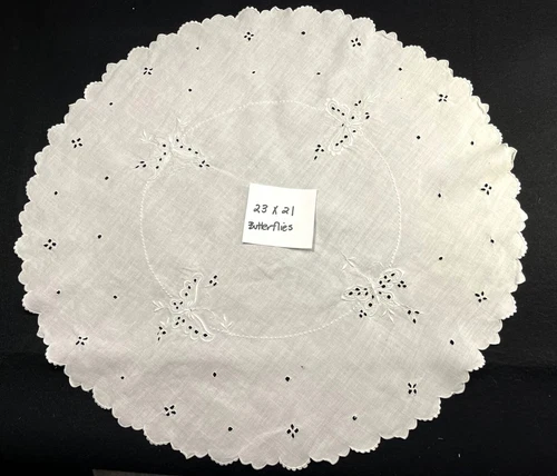 Vintage White Linen Embroidered Dresser Scarf w/ Butterflies 23x21