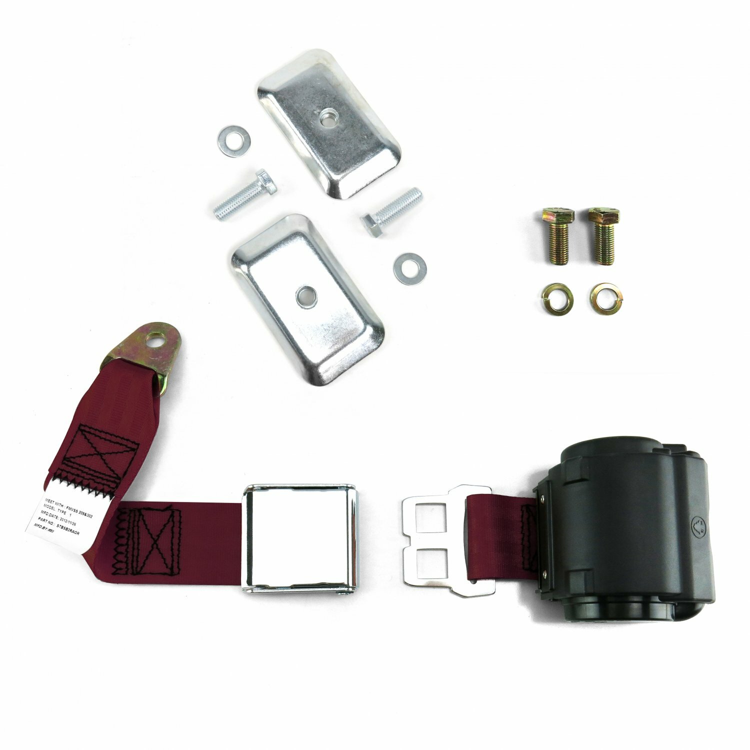 2pt Burgundy Airplane Buckle Retractable Lap Seat Belt w/Plate Hardware