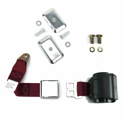 2pt Burgundy Airplane Buckle Retractable Lap Seat Belt w/Plate Hardware