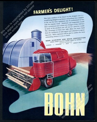 1946 streamlined future modern farm combine art Bohn Aluminum vtg print ad