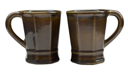 Vintage USA Pottery Mugs Pair Green Octagon Shape 8oz Ceramic Coffee Thriftcore