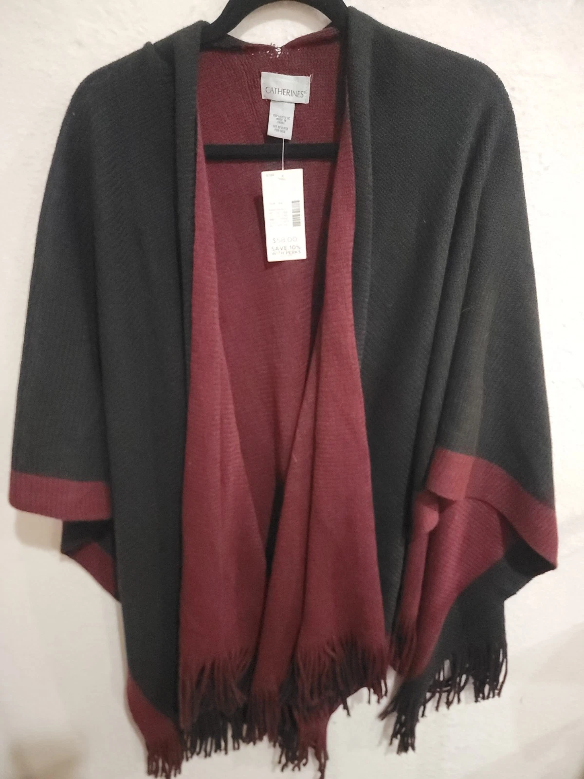 Catherines NWT Black Burgundy Colorblock Fringe Wrap Poncho Ruana $58 OS