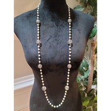 Women's Long Pearl Beaded Necklace With Silver And Clear Beads Lobster Clasp