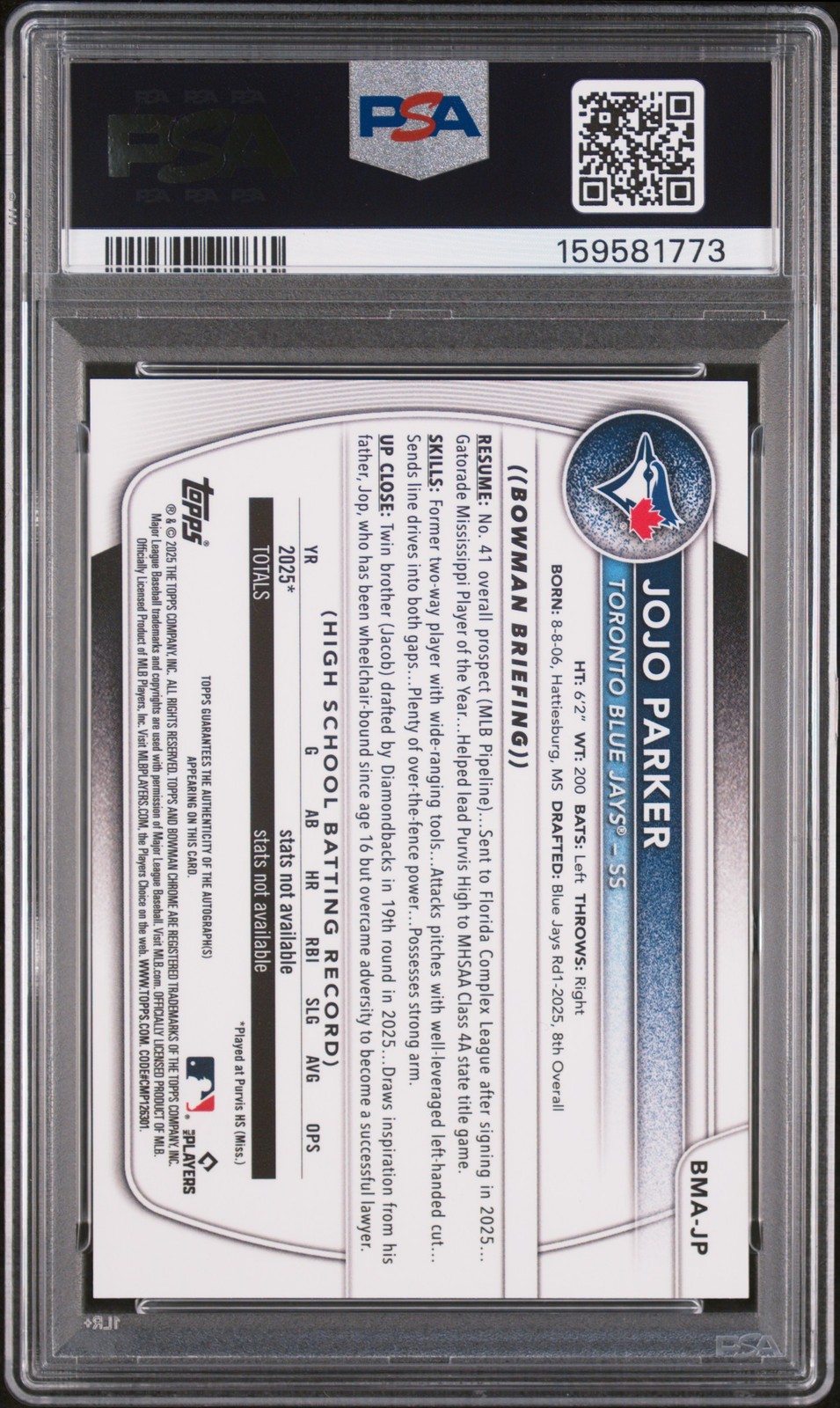 2025 BOWMAN DRAFT MEGA BOX PROSPECT AUTO ORANGE REF JOJO PARKER 4/25 PSA 10 view 2