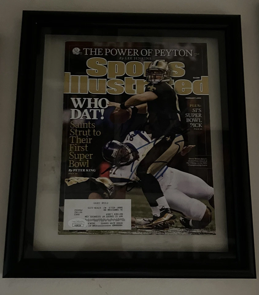 Revista Sports Illustrated 2010 firmada y enmarcada portada Drew Brees certificado por la JSA Foto 2 de 4
