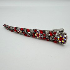 Vintage Red Crystal Rhinestone Hair Barrette Silver Floral AB Glam Clip