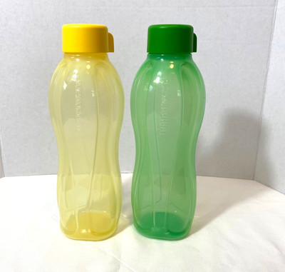 2 TUPPERWARE ECO Screw-Top Plastic Water Bottles: Green and Yellow 1 liter each