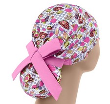 Scrub hats, nurse scrub cap, womens surgical hat, ponytail scrub cap mushrooms