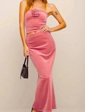Reformation Adalynn Velvet Knit 2-pc Strapless Top/ Maxi Skirt Set Pink Sz L NEW