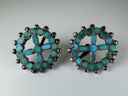 Vtg Frank Dishta Zuni Sterling Silver Channel Inlay Turquoise Earrings Wheel - Picture 4 of 10