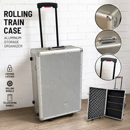 Rolling Aluminum Train Case Trolley Locking Storage Organizer Silver Heavy Duty