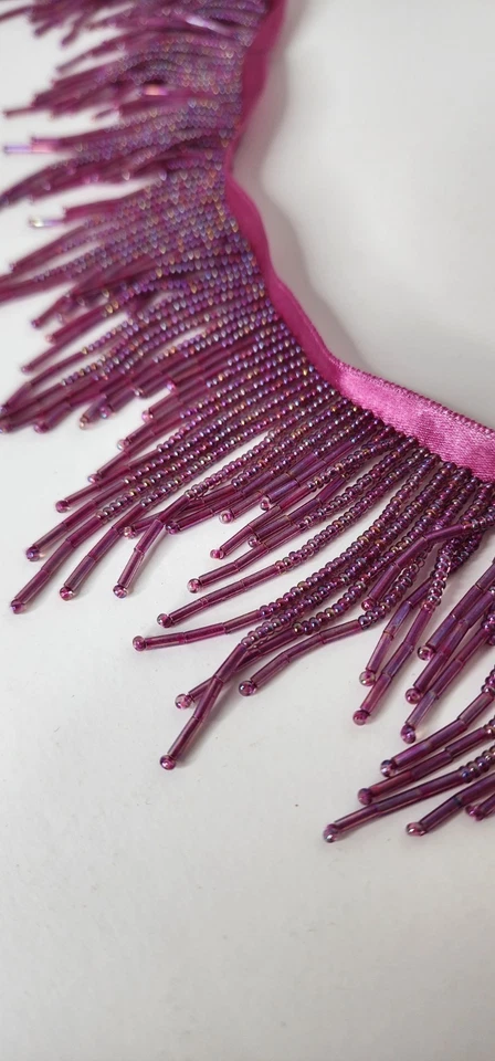 Fuchsia Beaded Fringe Trim – 9 Yards, 3” Width, Glass Beads, Used - Image 3 of 4