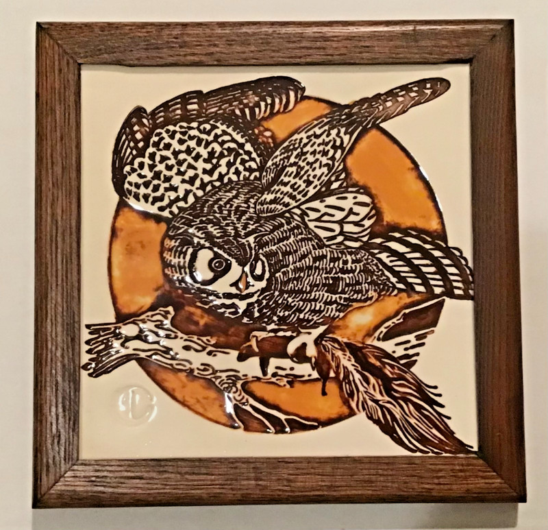 OWLS! Wall hanging wood framed great horned OWL tile 9.5" X 9.5" kinda heavy