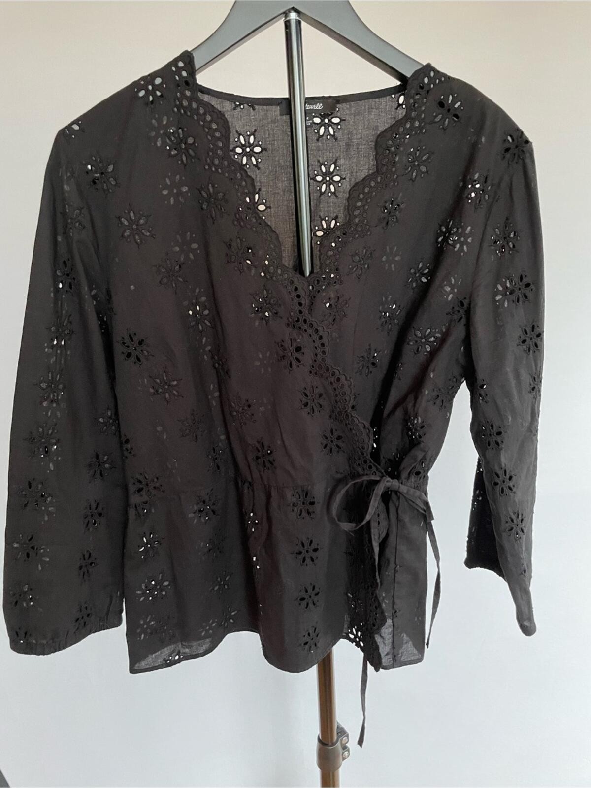 Madewell Black Eyelet Wrap Blouse Tie Waist Boho Top Size M