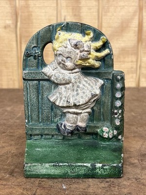 ANTIQUE HUBLEY RAGGEDY ANN # 209 CAST IRON FLOWER GARDEN GATE BOOKEND DOORSTOP