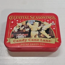 Celestial Seasonings Tea Tin Candy Cane Lane Decaf Green Tree 2017 collectible