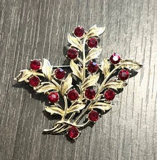 Vintage Cora Red Rhinestone Silver Tone Leaf Brooch Pin