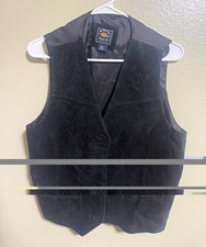 Route 66 Men's Black Leather Vest Button V-Neck Lined Pockets L 44" Chest