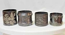 4 Lot -Antique/Vtg Silverplate Victorian Napkin ring Etched Engraved Bird Flower