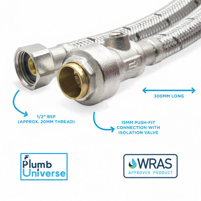 15 mm x 1/2'' BSP PushFit flexibler Hahnverbinder mit Trennventil - 300 mm lang