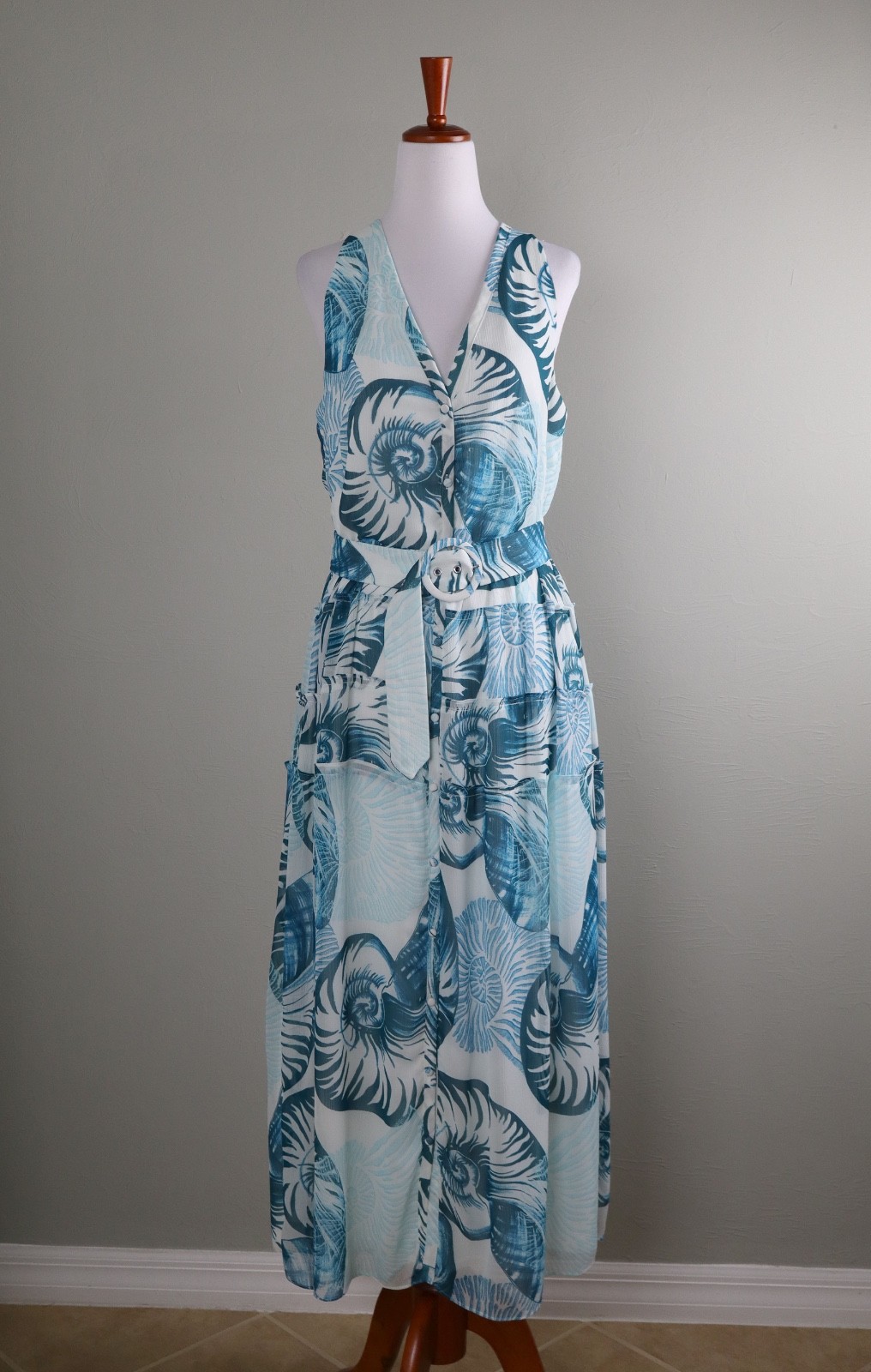 WHITE HOUSE BLACK MARKET $160 Fossil Sea Shell Belted Midi Dress Size 8