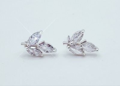 Rhodium Overlay Marquise Cut  Leaf Stud Earrings Made With Swarovski Crystals