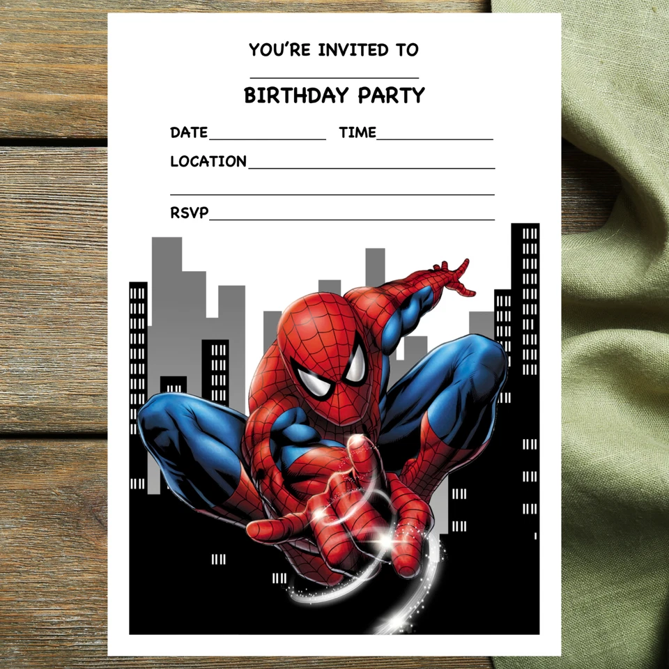 PEACHY IMPRESSIONS SPIDERMAN PARTY INVITATIONS - 10 A5 paper invites & envelopes