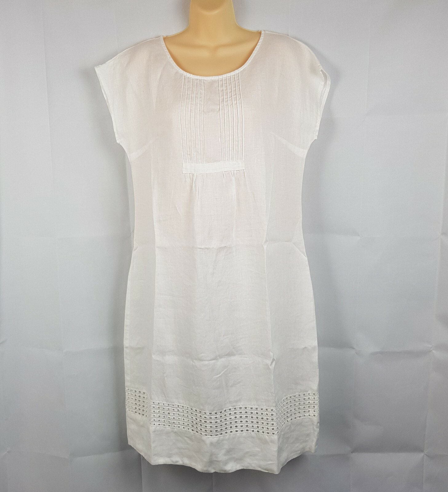 See Saw Women S White Linen Dress A Line Buttons On Back Pleating Lace Look Edge Ebay