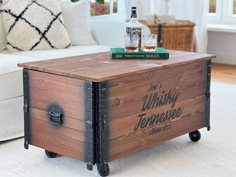 Couchtisch Truhe Holz Beistell-Tisch massiv vintage Rollen Stauraum Wohnzimmer - Bild 2 von 4