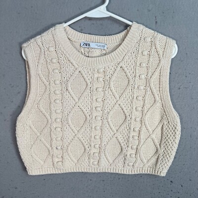 Zara Cable Knit Cream Sleeveless Cropped Sweater Vest Small Cotton Blend 