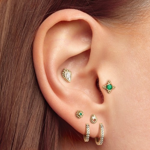 14K REAL Solid Gold Emerald Tiny Floral Stud Helix Tragus Cartilage Earring 16G - Picture 3 of 8