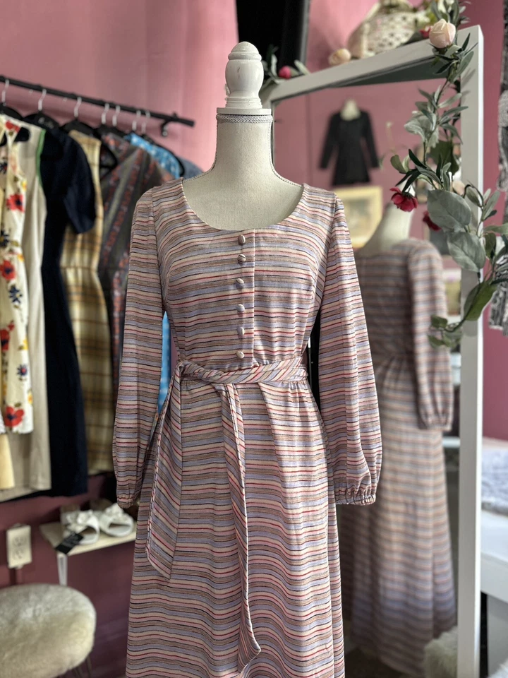 Maxi Vestido Vintage Años 60 70 Rosa Púrpura Rayas Mod Mangas Globo Brillo XS/S Foto 3 de 4