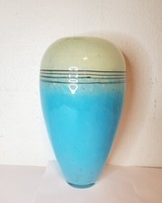 Lg. Vintage Art Glass Vase Blue  White Wave/Water Design With A Black Stripe