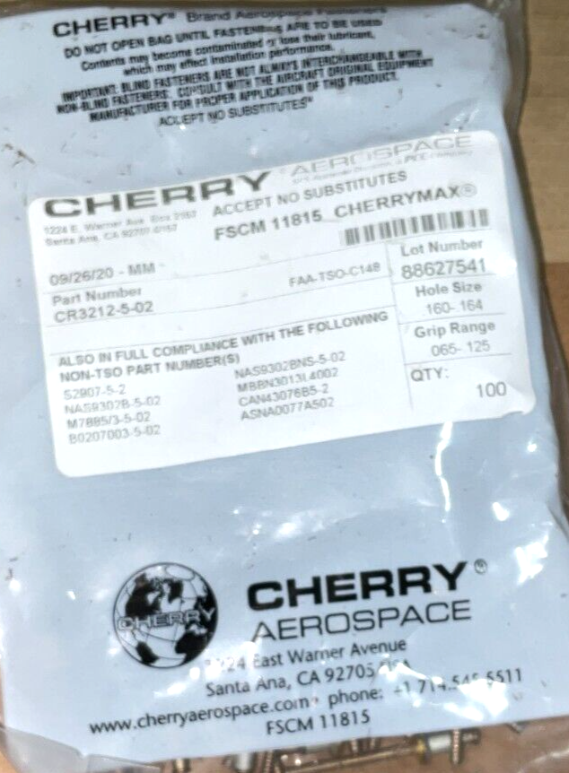 500 RIVETS PER PURCHASE) GENUINE CHERRY TEXTRON BLIND RIVET CR3212