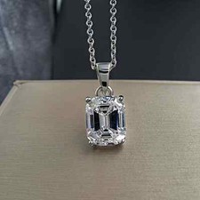 3Ct Emerald Cut Diamond Solitaire Pendant Solid 14K White Gold Finish Free Chain