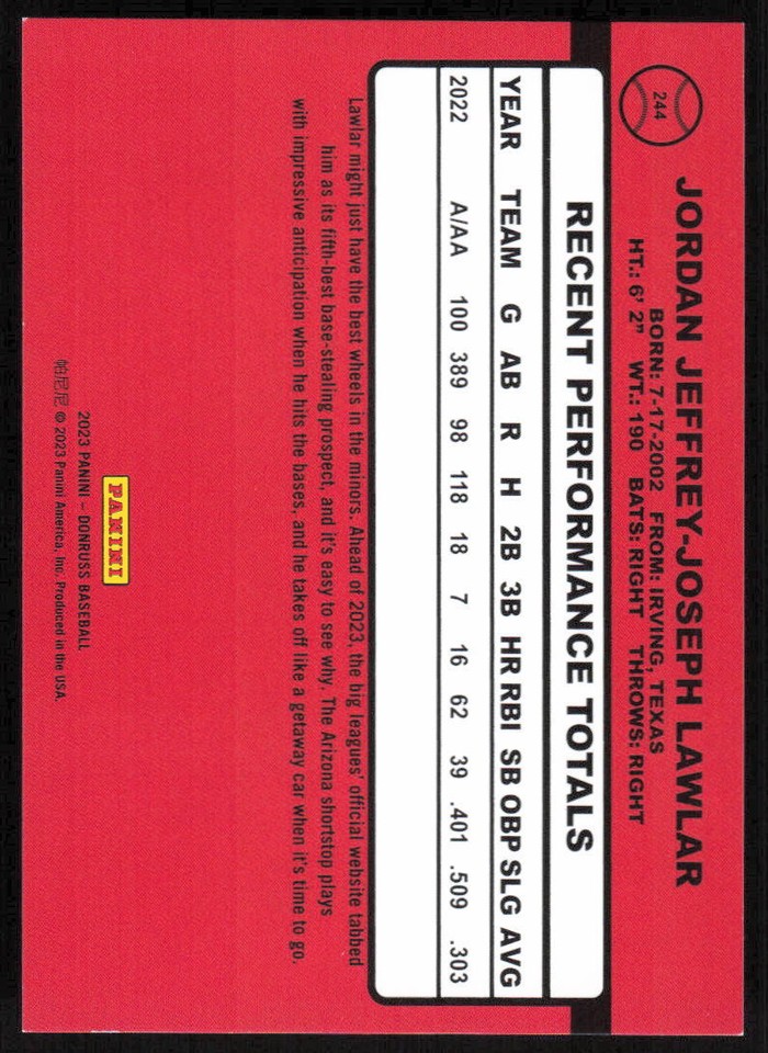 2023 Donruss Holo Red #244 Jordan Lawlar R90,SN2023 | eBay