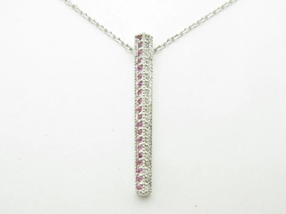 Colar de barra de safira rosa diamante branco corte redondo pavê ouro branco 14kt novo presente
